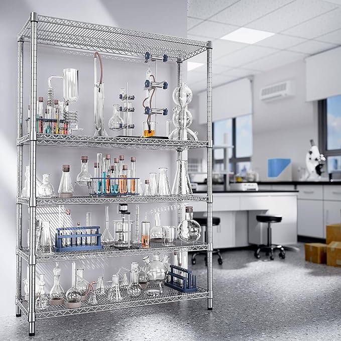 IZEUK 3300 LBS Garage Shelving Wide Storage Shelves 5 Tier Metal Shelves Heavy Duty Adjustable Utility Shelf Rack Chrome 17.7" D x 59.1" W x 70.4" H