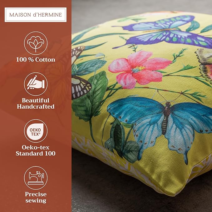 Maison d' Hermine Decorative Pillow Covers 20x20 Inch Square 100% Cotton Throw Pillow Covers with Invisible Zipper for Living Room Couch, Chair, Sofas, Bedroom, Home (Hesperides - Papillon)