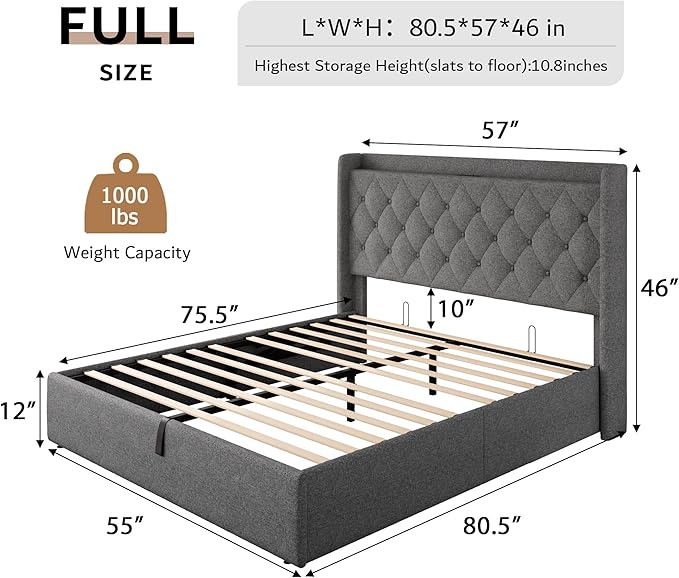 iPormis Full Size Lift Up Storage Bed Frame with Charging Station, Upholstered Platform Bed Frame with Tufted Headboard, Hydraulic Storage, No Box Spring Needed, Noise-Free, Easy Assembly, Light Grey
