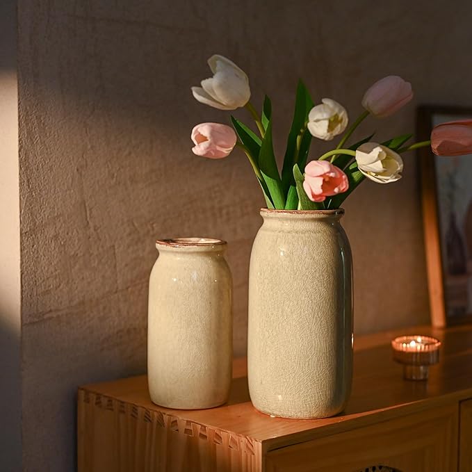 VICTOR & TERESA Rustic Green Vase for Home Decor, Ceramic Vases for Flowers, Modern Farmhouse Decorative Vases for Pampas Grass,Table Accent, Mantel, Living Room,Bookshelf, Centerpieces, 8''