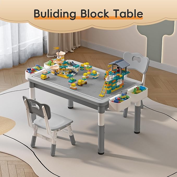 Kids Table and 2 Chairs with Storage, Children Water and Sand Activity Tables Height Adjustable, 34.6''L x 24.4''W Toddler Table for Buliding Blocks, Drawing, Eating, for Kids Age 2-10, Grey