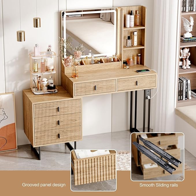 Large Vanity Desk with 3 Color Touch Screen Dimming Mirror, Vanity Desk with Charging Station, Modern Retractable Makeup Dressing Table, Makeup Table With storage shelves and 5 Sliding Drawers, Oak