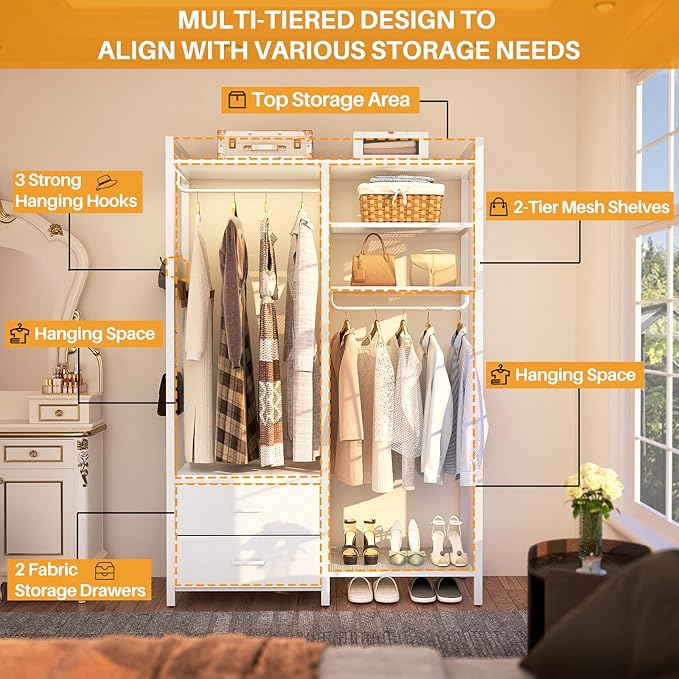 78.7'' Clothes Rack for Hanging Clothes - Reversible Clothing Rack with 2 Drawers, Heavy Duty Garment Racks with Shelves, 6 Tiers Freestanding Portable Closet Wardrobe System with Hanging Hooks, White