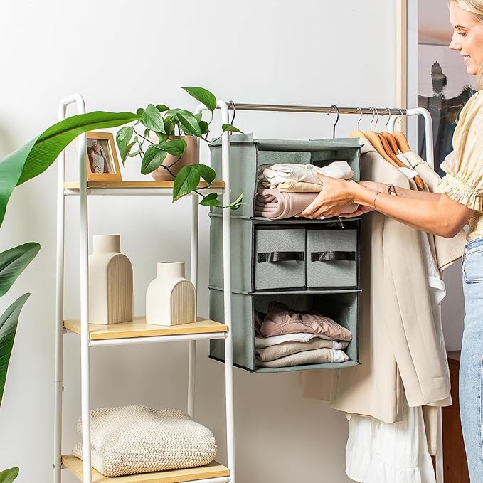 SMIRLY 6 Shelf Hanging Closet Organizer Hanging Shelves, Closet Hanging Organizer with 2 Sturdy Hooks for Wardrobe, Nursery, Storage (Grey, 3 Shelf)