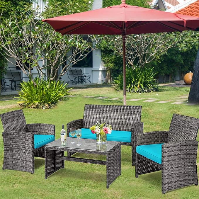 Tangkula 4 PCS Wicker Patio Conversation Set, Outdoor Rattan Sofas with Table Set, Patio Furniture Set with Soft Cushions & Tempered Glass Coffee Table for Poolside Balcony