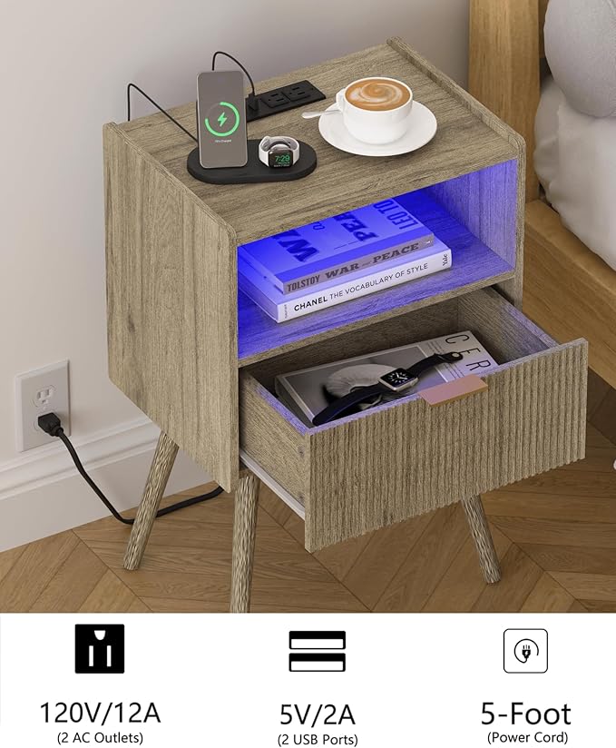 Modern Bedside Table, Nightstand with Charging Station and LED Lights