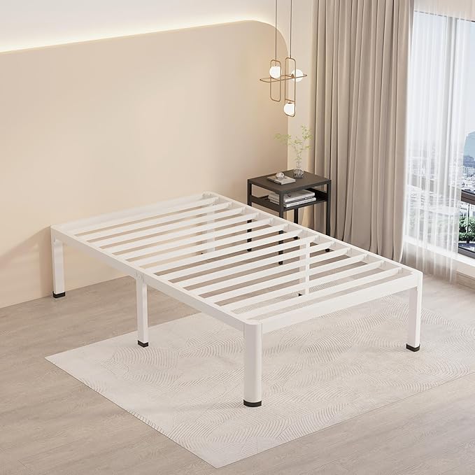 MAF 14 Inch Twin XL Metal Platform Bed Frames White with Round Corner Legs, 3000 LBS Heavy Duty Steel Slats Support, Noise Free, No Box Spring Needed, Easy Assembly