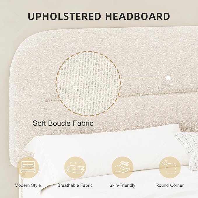 HOMBCK King Size Bed Frame, Upholstered Boucle Bed Frame King with Headboard, Soft Cloud Bed Frames with Thickened Footboard, Rounded Corners, No Box Spring Required, Easy Assembly, Cream