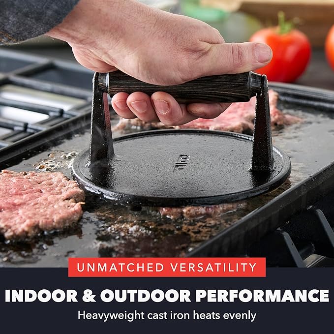 GreenPan x Bobby Flay Smash Burger Press, 6.5" Cast Iron Round Grill Press, Smashed Burgers, Heavy-Duty, Wood Handle, Cookouts & BBQ Tool for Juicy & Crispy Hamburgers Bacon Sandwich, Flat Top Griddle