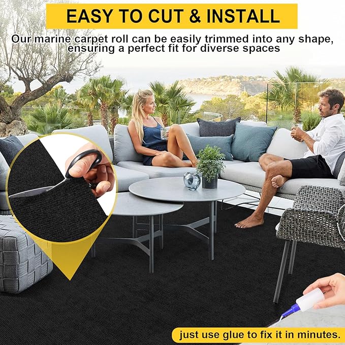 Marine Carpet - 6 FT x 10 FT Black Indoor Outdoor Rug (0.2" Thick) with Water-Proof TPE Backing, Non-Slip Outdoor Marine Carpet Roll for Home, Patio, Porch, Deck