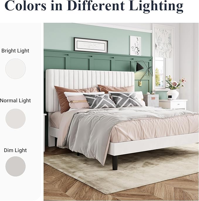 Allewie Queen Bed Frame, Velvet Upholstered Platform Bed with Adjustable Vertical Channel Tufted Headboard, Mattress Foundation with Strong Wooden Slats, Box Spring Optional, Easy Assembly, Off-White