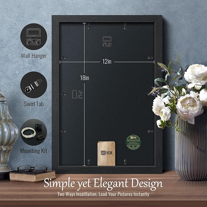 VCK 12x18 Poster Frame Set of 4 - Black, Gallery-Quality Wood Picture Frames, 1.1-Inch Wide Border, Polished Plexiglass, Vertical or Horizontal Wall Display for Photo/Art/Prints, Black