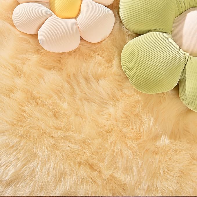 Latepis Yellow Round Rug 3ft Small Circle Faux Sheepskin Fur Rug Fluffy Boho Plush Rug Cute Furry Rugs for Bedroom Cushion Home Decor