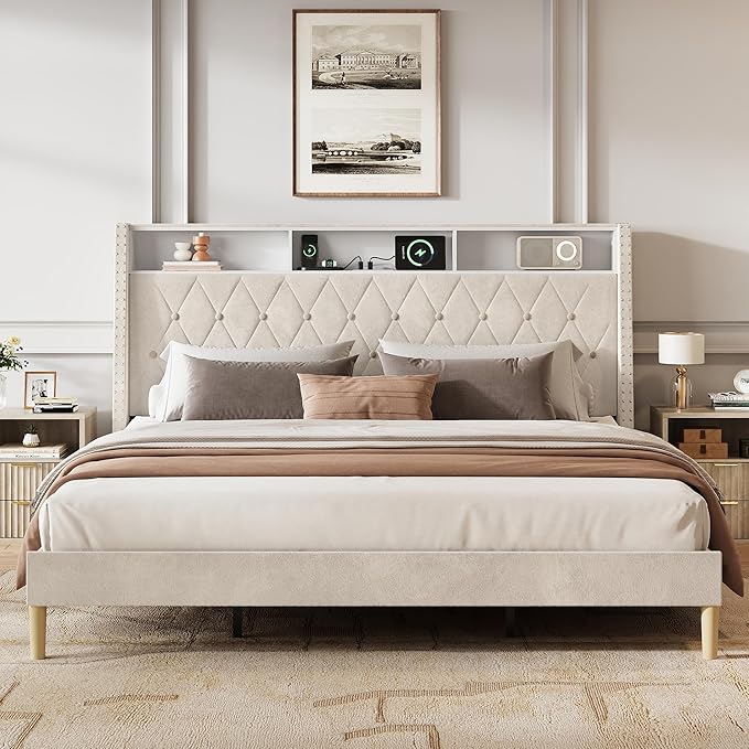 WLIVE King Size Upholstered Bed Frame with Storage Headboard, Velvet Square Tufted Platform Bed with Charging Station, Sturdy Metal & Wooden Slats Support, No Box Spring Needed, Beige