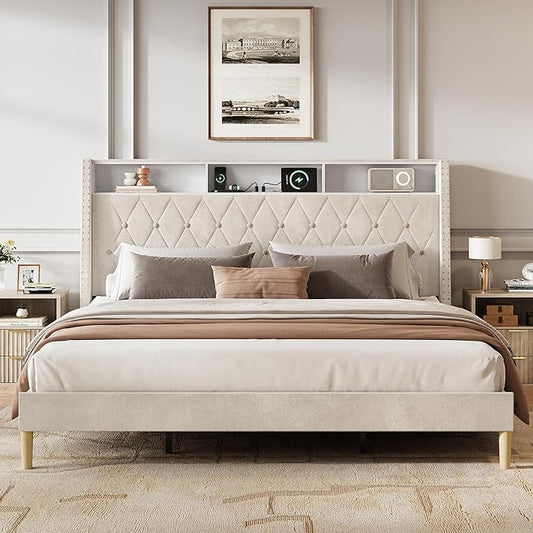 WLIVE King Size Upholstered Bed Frame with Storage Headboard, Velvet Square Tufted Platform Bed with Charging Station, Sturdy Metal & Wooden Slats Support, No Box Spring Needed, Beige