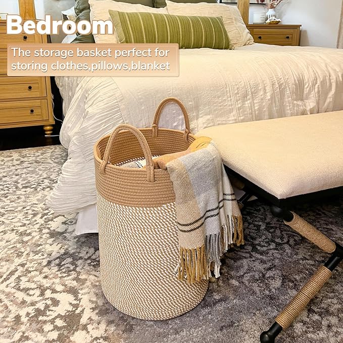 INDRESSME 60L Laundry Basket for Clothes, Blanket Storage, Toys - Woven Rope Hamper for Bedroom, 19.7 x 13.8 Inches