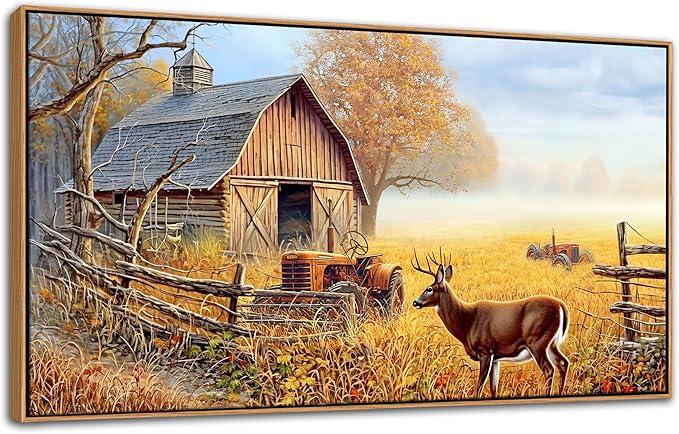 JEAWA Large Framed Wall Art - Deer Animal Art Prints Ready to Hang, Farm Canvas Painting as Gifts for Housewarming, Rustic Nature Landscape Pictures for Living Room Bedroom Home Decoration, 29x58 IN