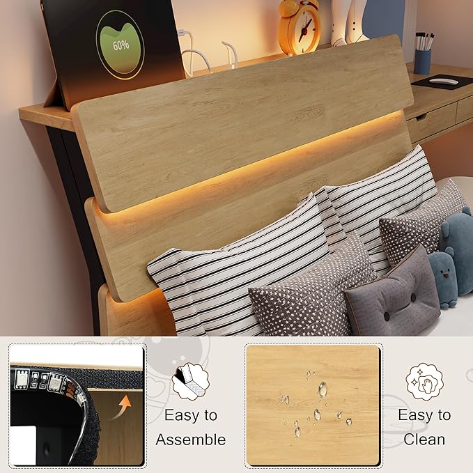 Twin Bed Frames with LED Light and Charging Station, Floating Wooden Bed Frame, Heavy Duty Metal Slats, No Box Spring Needed, Noise Free, Easy Assembly, Oak