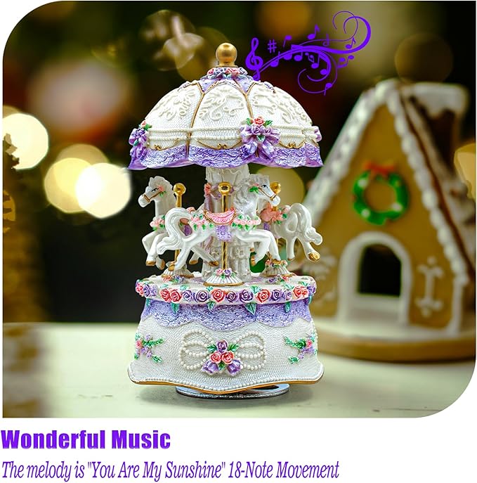 Carousel Music Box，Luxury Color Change LED Light Music Box,Luminous Rotating 3-Horse Musical Box with Gift Box for Girls Birthday Valentine Gift (You are My Sunshine, Purple)