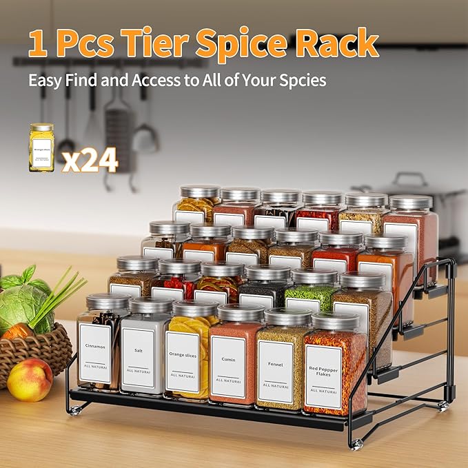 4 Tier Spice Rack for Cabinet, Spice Rack Organizer, Depth Adjustable Spice Holder for Countertop, Cupboard, Pantry, Seasoning Shelf, Metal, Black (1 Pack)