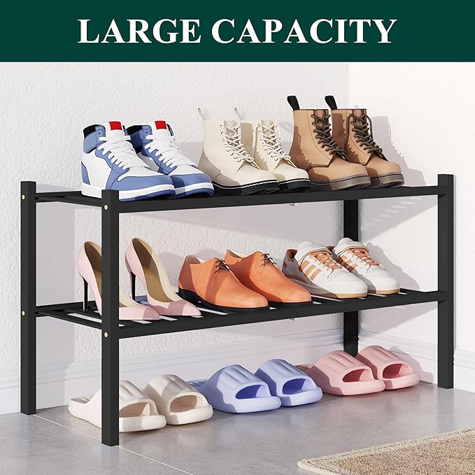 Smiry Bamboo Shoe Rack for Closet, 2 Tier Wooden Stackable Shoe Organizer, Free Standing Shoes Storage Shelf for Entryway, Front Door Entrance, Black