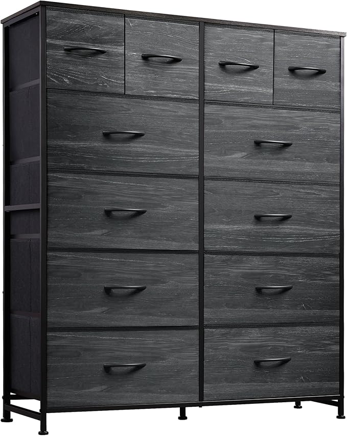 WLIVE Storage Organizer Unit with 12 Fabric Bins, Storage Drawers Organizer with Steel Frame, Tall Storage Tower Organizaton for Living Room, Hallway, Office, Charcoal Black Wood Grain Print