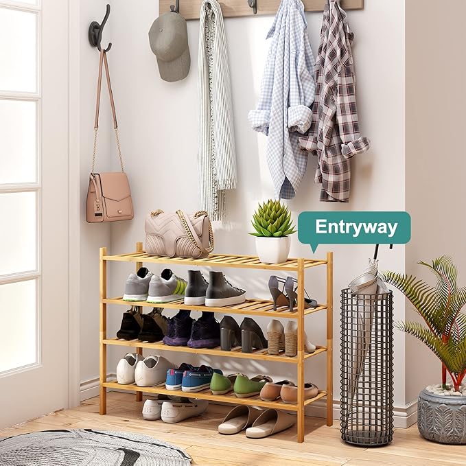 Shoe Rack, 4-Tier Long Shoe Rack for Entryway, Bamboo Wood Shoe Shelf for Closet & Hallway, Long 33IN | Beautiful | Functional | Sturdy | Durable