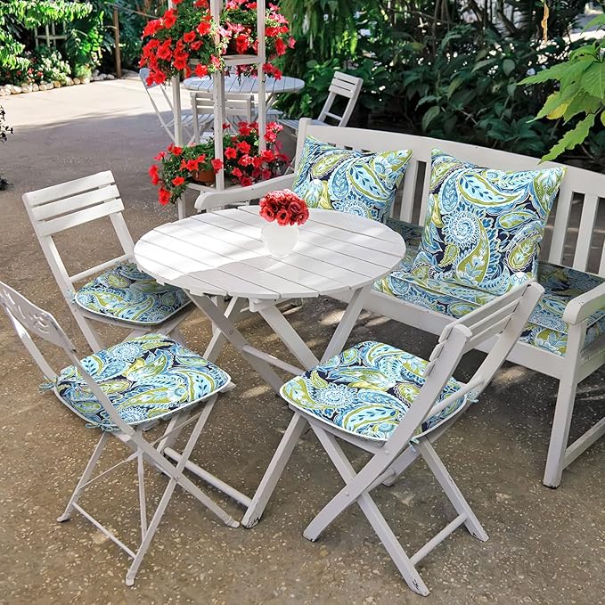 Set of 2 Outdoor Chair Cushions with Ties,Water Repellent Patio Chair Pads 17"x 16" for Outdoor Furniture,Round Corner Seat Cushions for Garden Yard Kitchen Paisley Lapis Green