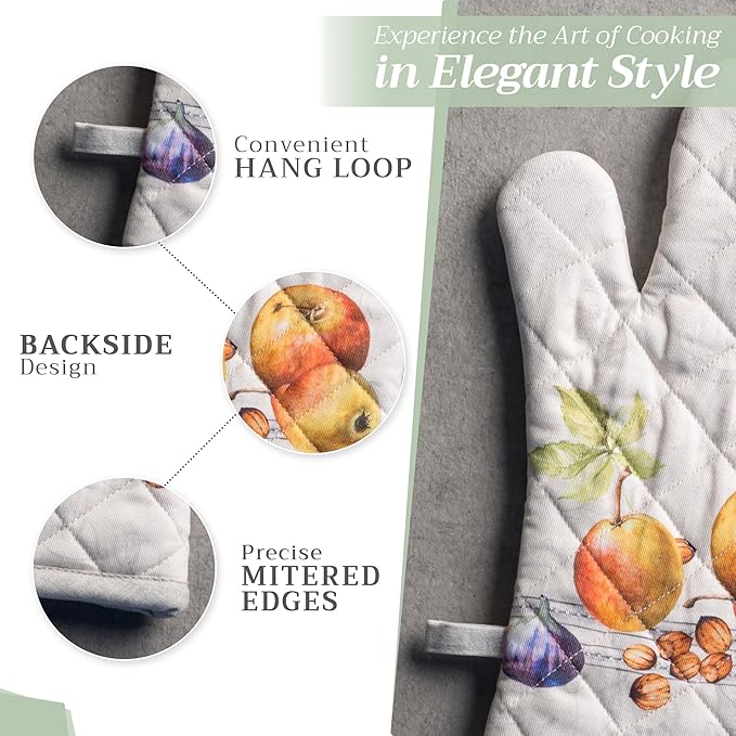 Maison d' Hermine 100% Cotton Oven Mitt & Pot Holder Set (7.5"x13" & 8"x8") Heat Resistant BBQ Cooking Gloves with Loop for Thanksgiving Christmas Decorations Handling Hot Pans (Fruit D'Hiver)