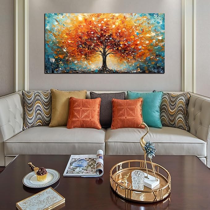 Zoyotago Large Canvas Wall Art Orange Yellow Tree Picture Modern Canvas Prints Ready to Hang for Bedroom Living Room Size 24x48