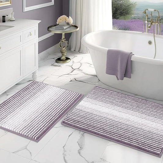 Bathroom Rugs and Mats Sets, 2 Piece Thick Absorbent Chenille Bath Mat Rug Set Non Slip, Soft Shaggy Bath Room Floor Mats for Bathroom, Machine Washable (Lavender Purple, 20" x 32" Plus 16" x 24")