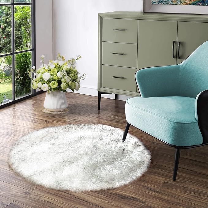 Latepis White with Grey Tips Round Rugs 5ft Washable Faux Sheepskin Fur Rug Fluffy Area Furry Rug for Living Room Bedroom Room Decor