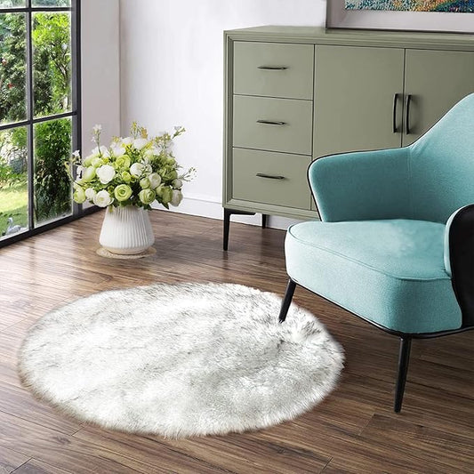 Latepis White with Grey Tips Round Rugs 5ft Washable Faux Sheepskin Fur Rug Fluffy Area Furry Rug for Living Room Bedroom Room Decor