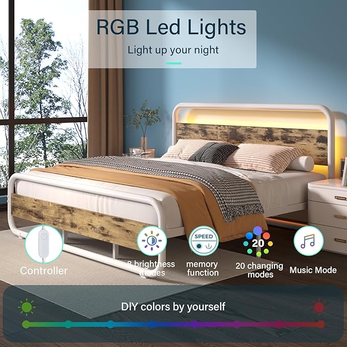 Catrimown King Size Bed Frame, Metal King Bed Frame with LED Headboard, Rustic Industrial Heavy Duty Wooden Platform Bed Frame with Under Bed Storage, Noise Free, No Box Spring Needed, White