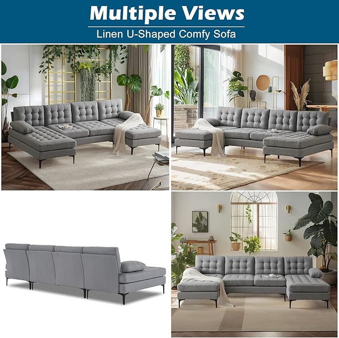 VINGLI 110" Modern U Shaped Sectional Sofa Couch with 51"D Double Chaise for Living Room, Large Tufted Button Couch Sets with 5.9" Thickness Seating Padding for Small Spaces (Light Grey,Tufted Button)