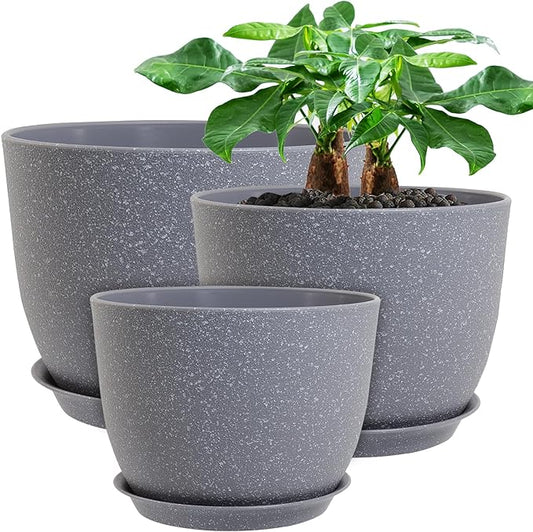 12/10/9 Large Modern Plant Pots, Plastic Planters with Drainage Holes and Saucers for Indoor Outdoor Plants Flowers, Grey Speckles