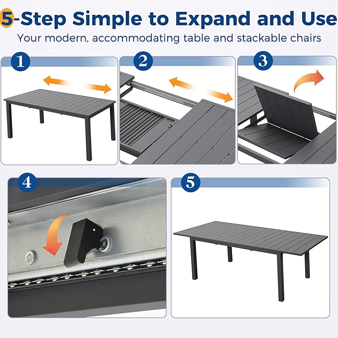 Wisteria Lane 7 Piece Aluminum Outdoor Patio Dining Sets with Fully Assembled Dining Chair，91.3" L×39.4" W Expandable Patio Table and Chairs Set for 6, Stackable Chairs with Quick Drying Fabric, Grey