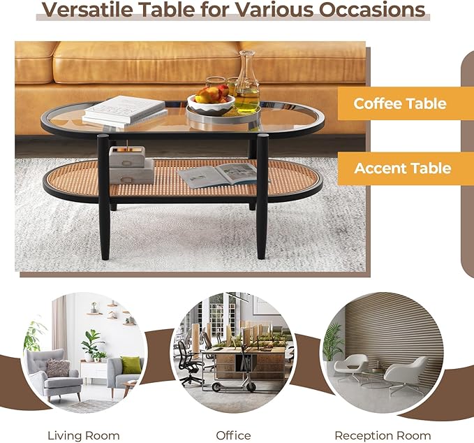 MAT EXPERT Rattan Coffee Table, 2 Tier Boho Oval Living Room Table w/Glass Tabletop Wood Frame & Storage Shelf, 40’’L Mid Century Modern Tea Table, Center Table for Living Room Home Office, Black