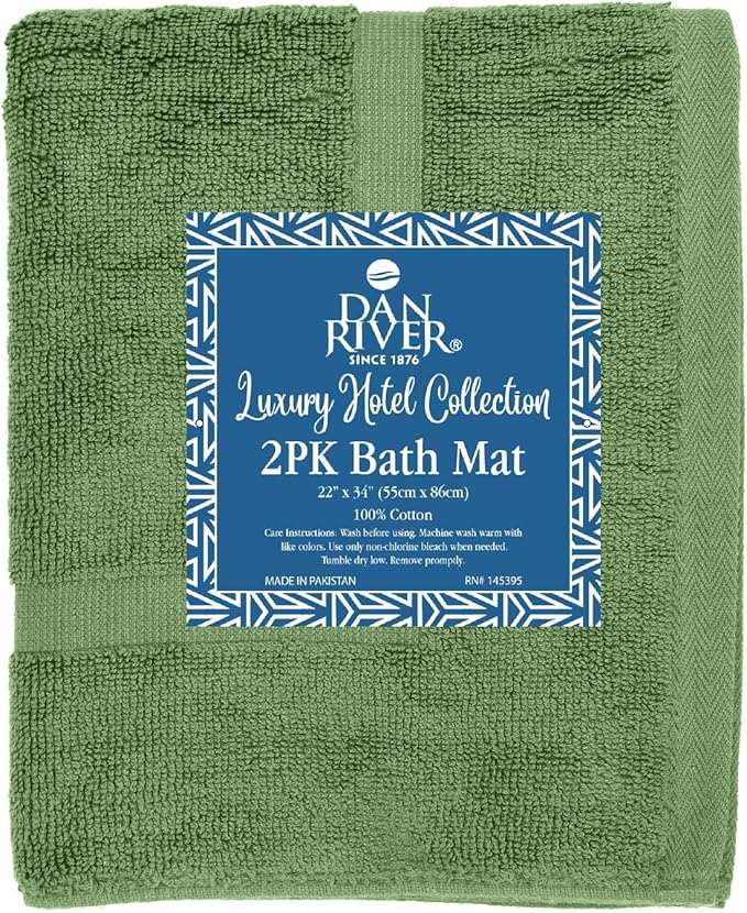 DAN RIVER Classic Bath Mat - Green, 100% Ring Spun Cotton, Pack of 2, 21x34 inches, 800 GSM, Non-Slip, Absorbent, Quick Drying, Machine Washable Bathroom Floor Mats for Shower, Kitchen & Bath