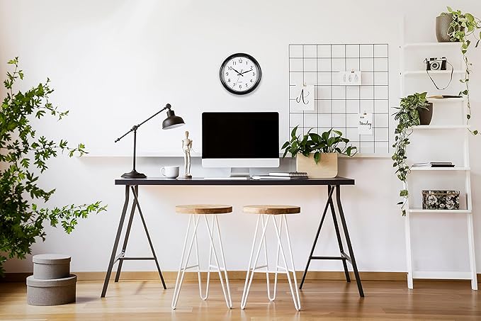 Bernhard Products Black Wall Clock Retro Silent Non Ticking 9.5 Inch Round Battery Operated Quality Quartz Easy to Read for Home Kitchen Office Classroom School Clocks Sweep Movement Vintage Décor