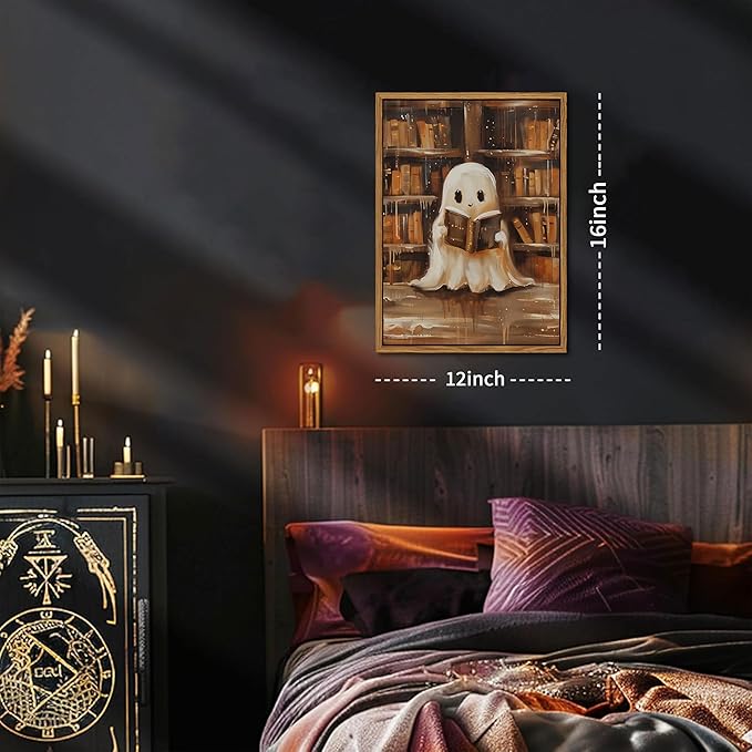 Vintage Framed Ghost Reading Books Canvas Wall Art for Home Office - Halloween Academia Cute Ghost Picture Paintings Prints, Halloween Room Aesthetic Decor for Living Room Bedroom 12x16 inch