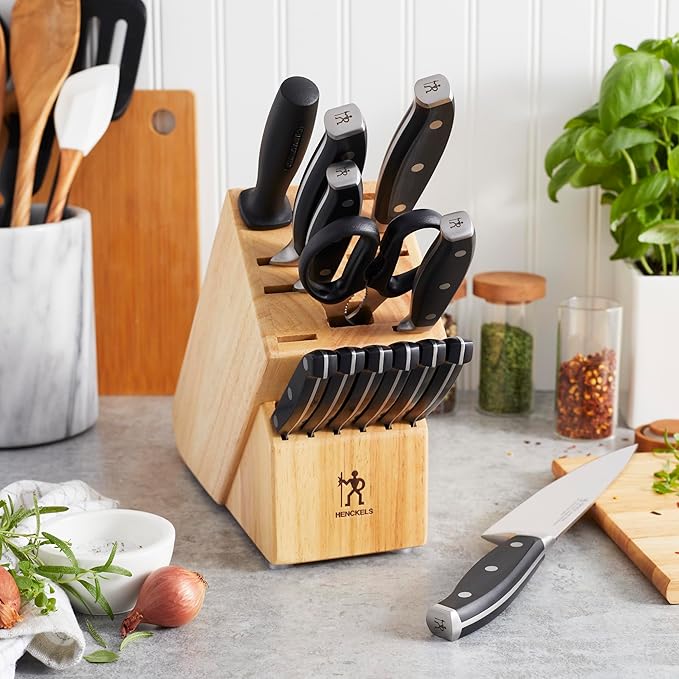 Henckels Forged Premio Knife Set with Block, Chef Knife, Paring Knife, Utility Knife, Steak Knife, 14 Piece, Black, Stainless Steel