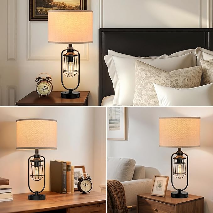 24" Farmhouse Table Lamps for Living Room Set of 2, Black Rustic Lamps for Night Stands with USB Ports, Industrial Bedside Lamp for Bedroom End Tables, Bulbs Included