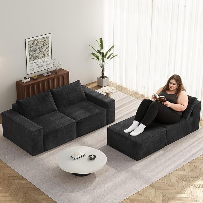 Vesgantti 114" Modular Sectional Boneless Couch, Modern 3 Seater Sofa with Ottoman & Deep Seat, Convertible Chenille L Shaped Cloud Couches for Living Room, No Assembly Required, Black