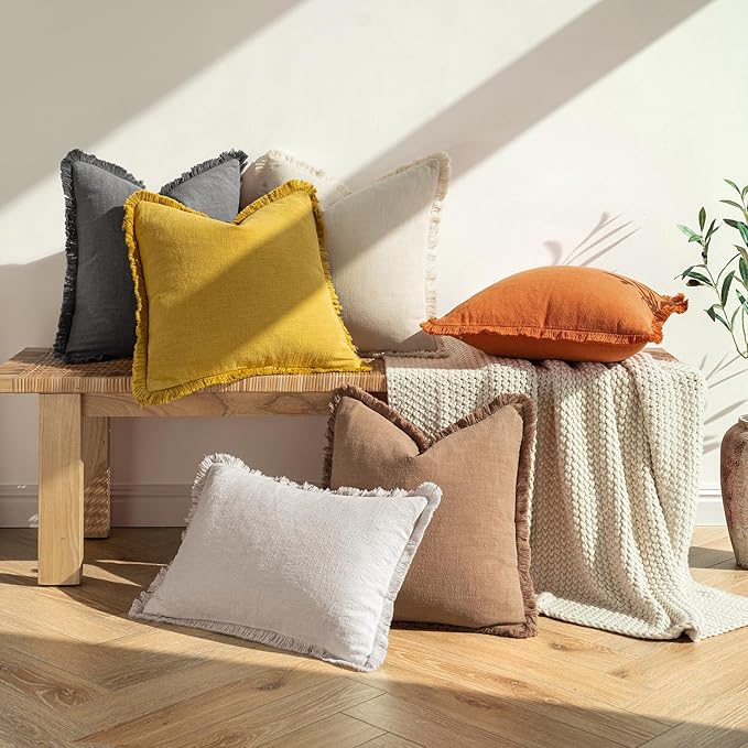 MIULEE Decorative Lumbar Throw Pillow Covers Neutral Linen Fringe Throw Pillows Set of 2 Orange Boho Farmhouse Cushion Covers with Tassels for Couch Sofa Bed Living Room Spring Home Decor 12x20 Inch