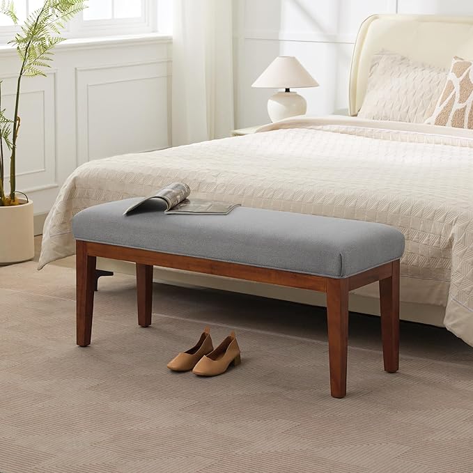43.5'' Linen Bedroom Bench, Upholstered End of Bed Bench, Padded Vintage Dining Bench, Entryway Bench with Solid Wood Legs, Kitchen, Living Room, Hallway, Light Grey