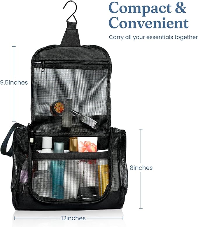 The Fine Living Portable Latex Mesh Shower Caddy Tote Bag, Gym Shower Caddy Hanging Organizer with Metal Hook, Dorm Room Essentials, Travel Toiletries, Camping RV Essentials, Black 12”x3”x8”