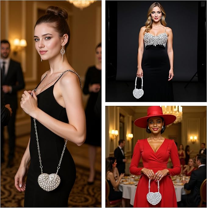 Ayliss Jewelry Trinket Box Heart Shaped Rhinestones Love Jewelry Gift Box Storage Organizer Ring/Earrings/Necklace Women Evening Clutch Rhinestone Purses (Silver)