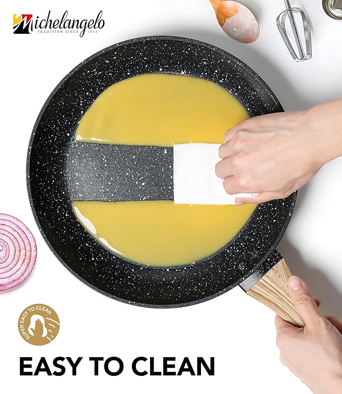 MICHELANGELO 10 Inch Frying Pan with Lid, Nonstick Frying Pan with Healthy Granite Coating, Nonstick Pan with Anti-Scald Handle, Induction Compatible