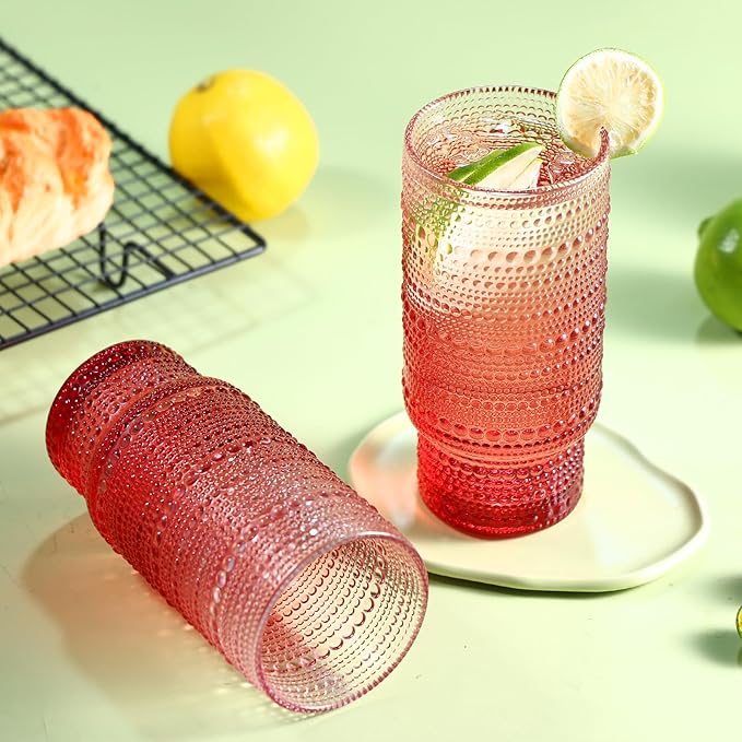 6pcs Hobnail Drinking Glasses Set, 16 oz Vintage Glassware Drinking Glasses, Gradual Red Water Glasses Tumbler, Christmas Gifts for Women